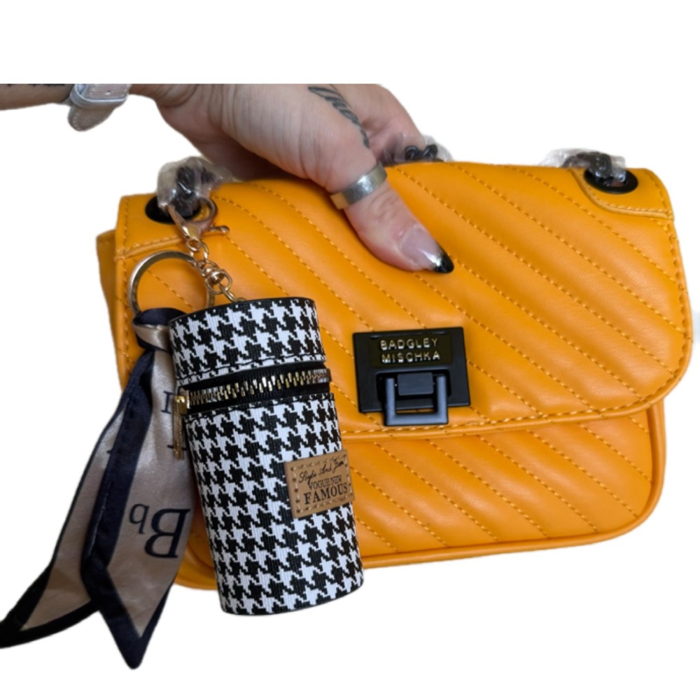 Black and White Bag Charm and Lipstic Holder Houndstooth Cylinder Bag - Picture 5 of 5